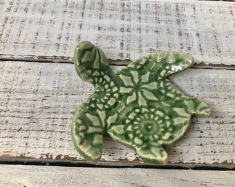 Made to order Ceramic Sea turtle- coffee spoon rest- tea bag rest- candle holder- ring dish- jewelry- trinket dish- green- ocean decor-gift