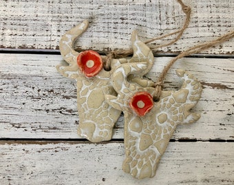 Cow skull ornament - wall hanging- Holiday- Christmas decoration- room decor- flower-  lace pottery- southwest- Texas- cactus- cowgirl-gift
