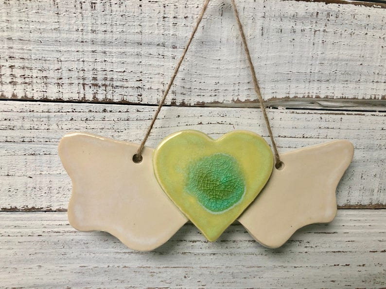 angel Heart with Wings wall art Holiday ornament ceramic melted glass wings decoration love ornament wall hanging memorial