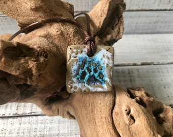 Ceramic pendant necklace- melted glass- Jewelry- for her- original- one of a kind - essential oil- handmade- diffuser- leather 18 inches