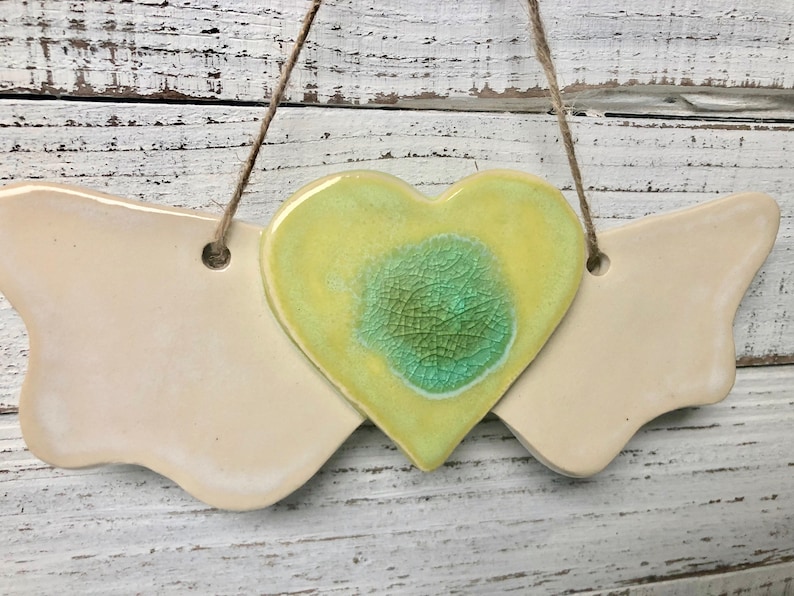 angel Heart with Wings wall art Holiday ornament ceramic melted glass wings decoration love ornament wall hanging memorial