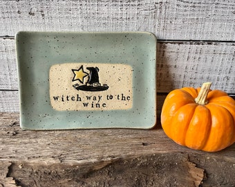 Made to order- Witch way to the wine- Witch hat- Ceramic -funny- Trinket Plate - Hostess Gift- stoneware- soap dish- spoon rest- halloween