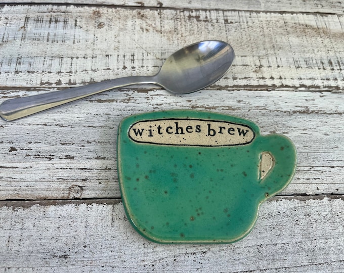 made to order Stamped Ceramic spoon rest -witches brew -Trinket dish- stamped- gift- hostess- pottery- holder- coffee drinker- fun gift