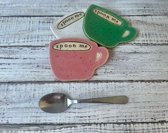 made to order Stamped Ceramic spoon rest-  -Trinket dish- stamped- gift- hostess- pottery- holder- coffee drinker- fun gift- cup- spoon me