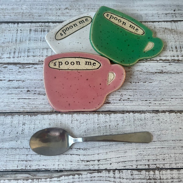 made to order Stamped Ceramic spoon rest-  -Trinket dish- stamped- gift- hostess- pottery- holder- coffee drinker- fun gift- cup- spoon me