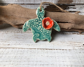 Ceramic sea turtle -wall hanging- Holiday ornament- decoration-room decor- art- gift- surfer- oak- sea turtle - beach- ocean- Christmas
