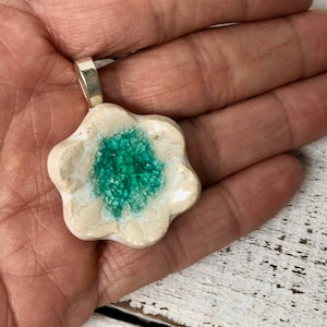 Ceramic pendant- necklace-turquoise- Jewelry- for her- original- one of a kind - bail- essential oil- handmade- diffuser jewelry- flower