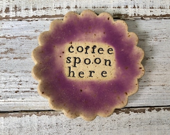 made to order Stamped Ceramic spoon rest -coffee spoon here -Trinket dish- stamped- gift- hostess- pottery- holder- coffee drinker- fun gift