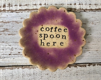 Stamped Ceramic spoon rest -coffee spoon here -Trinket dish- gift- pottery- holder- coffee drinker- coffee bar- made to order
