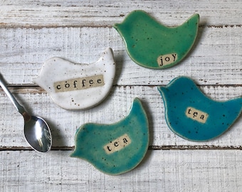 Stamped Ceramic bird- coffee spoon rest - tea bag rest - Trinket dish- gift- hostess- pottery- tea bag holder- votive holder- jewelry- rings