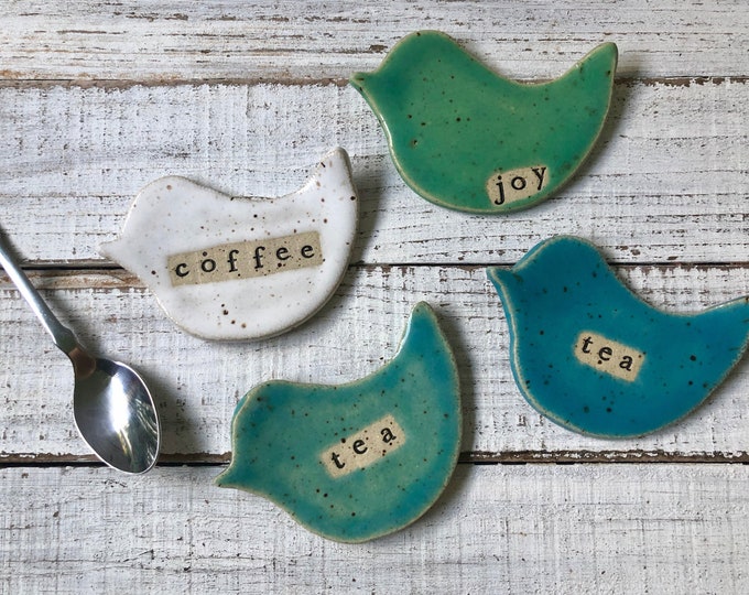 Stamped Ceramic bird- coffee spoon rest - tea bag rest - Trinket dish- gift- hostess- pottery- tea bag holder- votive holder- jewelry- rings