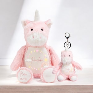Personalised Pink Plush Unicorn Baby Toy And Keyring Gift Set, New Baby Gift, Unicorn Plush Soft Toy, Girls Unicorn Teddy Baby Shower Gift
