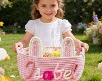 Canasta de Pascua personalizada, canasta de Pascua 2026 con nombre, regalo de búsqueda de huevos de Pascua para niños, canasta de decoración de primavera,