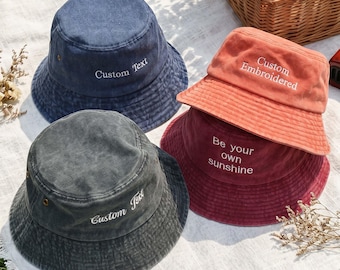 Personalizowany haftowany kapelusz typu bucket hat w stylu vintage, spersonalizowany kapelusz przeciwsłoneczny z imieniem, prezent na wieczór panieński, czapka plażowa