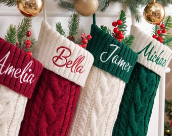 Calcetín navideño familiar tejido a mano, calcetines navideños bordados personalizados, regalo de decoración navideña