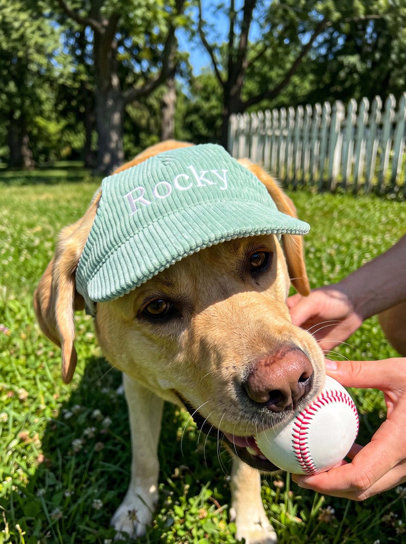 May include: A light green corduroy baseball cap featuring the name Rocky embroidered in white thread on the front panel. The cap has a structured brim and a textured fabric surface, designed to fit over the head of a dog.