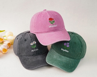 Embroidered Birth Flower Hat,Vintage Baseball Cap for Mom,Custom Birth Flower Hat,Birth flower Family Gift,Mother's Day Gift for Mom Grandma