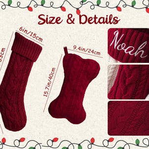 May include: A dark red cable-knit Christmas stocking and a bone-shaped pet stocking. The stocking measures 13 inches by 6 inches, with a 7.5-inch foot. The bone stocking is 15.7 inches by 9.4 inches. The name Noah is embroidered in white script.