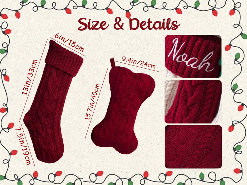 May include: A dark red cable-knit Christmas stocking and a bone-shaped pet stocking. The stocking measures 13 inches by 6 inches, with a 7.5-inch foot. The bone stocking is 15.7 inches by 9.4 inches. The name Noah is embroidered in white script.