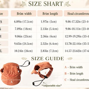 May include: A size chart for a corduroy pet hat with text reading SIZE SHART and SIZE GUIDE. The table lists XS to XL sizes with brim width, brim length, and head circumference measurements in inches. Two orange hats are shown with adjustable straps.