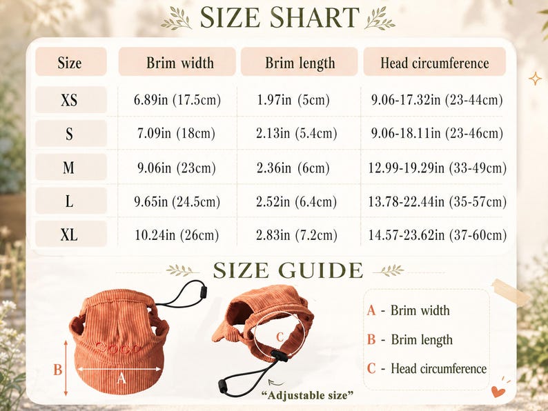 May include: A size chart for a corduroy pet hat with text reading SIZE SHART and SIZE GUIDE. The table lists XS to XL sizes with brim width, brim length, and head circumference measurements in inches. Two orange hats are shown with adjustable straps.