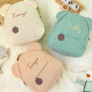 Sac à dos brodé pour tout-petits ours en peluche, sac à dos maternelle moelleux en peluche, cartable pour enfants, sacs à dos monogrammes pour tout-petits, premier jour d'école