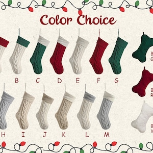 May include: A collection of thirteen cable-knit Christmas stockings labeled A through M, featuring various color combinations of red, green, white, grey, and beige. Three bone-shaped stockings in green, red, and white are labeled Bone Green, Bone Red, and Bone White.