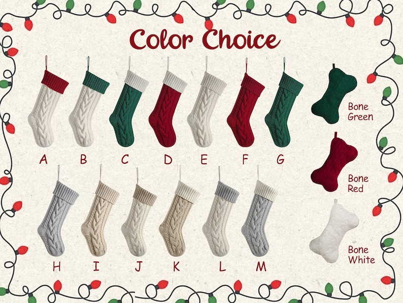 May include: A collection of thirteen cable-knit Christmas stockings labeled A through M, featuring various color combinations of red, green, white, grey, and beige. Three bone-shaped stockings in green, red, and white are labeled Bone Green, Bone Red, and Bone White.