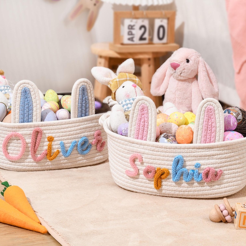 🥕BUY 2 FREE SHIPPING 🥕Personalized Easter Basket for Kids, Name Easter Bunny Basket, Baby Name Basket, Easter Egg Hunt Basket, Easter bucket. Baby Gift Basket.