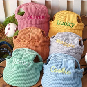 May include: Six corduroy pet sun visors in pink, yellow, orange, grey, mint green, and light blue. Each visor features an embroidered name: Oliver, Lucky, Coco, Maggie, Rocky, and Cookie. The hats have ear holes and a structured brim design.