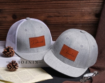 Personalizowane czapki typu snapback z imieniem dla taty i dziecka, grawerowana skórzana czapka typu trucker, pasujący zestaw dla ojca i dziecka