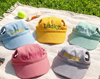 Custom Embroidered Corduroy Pet Hat, Personalized Dog Baseball Cap with Ear Holes, Adjustable Puppy Sun Hat