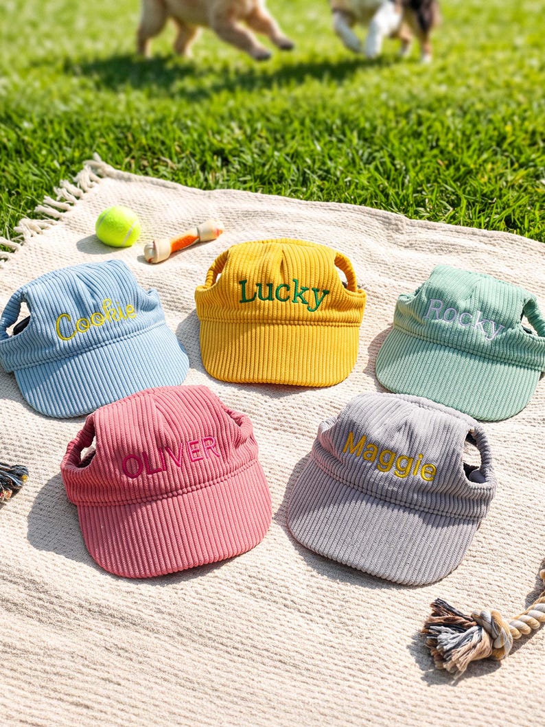 May include: Five corduroy pet visors in light blue, yellow, mint green, pink, and gray. Each visor features embroidered names: Cookie in yellow, Lucky in green, Rocky in white, OLIVER in pink, and Maggie in yellow, with ear holes on the sides.