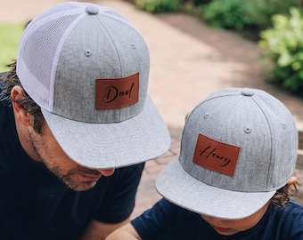 Dopasowane czapki Snapback z naszywką ze skóry dla dzieci i taty, spersonalizowana czapka typu trucker dla taty i malucha, prezent na Dzień Ojca