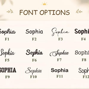 May include: A chart titled FONT OPTIONS displaying twelve different black typeface styles for the name Sophia, labeled F1 through F12. Each entry shows the name in a distinct script, serif, or sans-serif font, arranged in a grid of three rows.