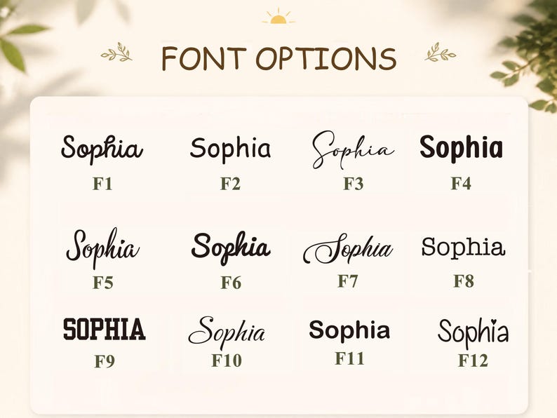 May include: A chart titled FONT OPTIONS displaying twelve different black typeface styles for the name Sophia, labeled F1 through F12. Each entry shows the name in a distinct script, serif, or sans-serif font, arranged in a grid of three rows.