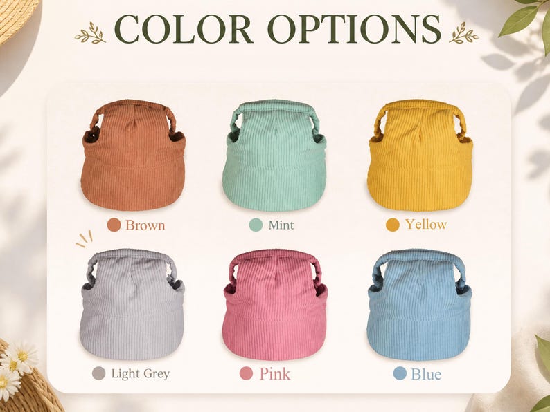 May include: A collection of six corduroy protective head cushions arranged in two rows. The colors include brown, mint, yellow, light grey, pink, and blue. Each item features a rounded top with side openings and a wide brim, labeled by color.