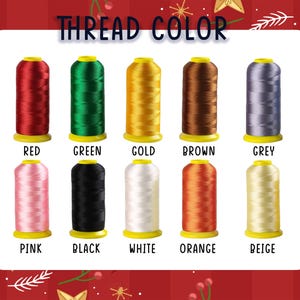 May include: A color chart titled THREAD COLOR displaying ten spools of embroidery thread in red, green, gold, brown, grey, pink, black, white, orange, and beige. Each spool has a yellow base and is labeled with its corresponding color name.