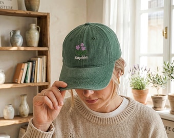 Personalized Birth Flower Hat for mom,Embroidered Birth Flower Hat,Birth flower Family Gift,Mother's Day Gift,Gift for Mom Grandma