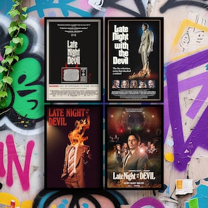 May include: Four framed movie posters for "Late Night with the Devil" against a graffiti wall. The posters feature the movie title, images of actors, and the tagline "The live television event that shocked a nation!"