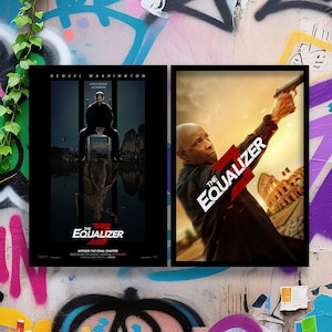 Peut inclure: Deux affiches de film pour "The Equalizer" avec Denzel Washington. La première affiche montre Washington assis, avec le titre du film en bas. La seconde affiche montre Washington tenant une arme à feu, avec le titre superposé.