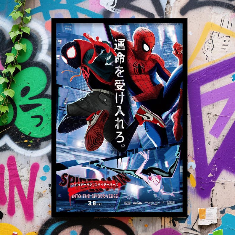 May include: A framed movie poster for "Spider-Man: Into the Spider-Verse" featuring Spider-Man and Miles Morales in action poses. The poster has Japanese text and the date 3.8 FRI. The background is a graffiti-covered wall.
