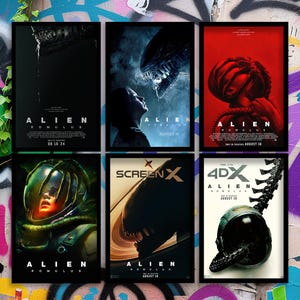 May include: Six framed movie posters for "Alien: Romulus" are displayed. Each poster has a unique design, with the film's title and release date. The posters are set against a backdrop of a graffiti-covered wall.