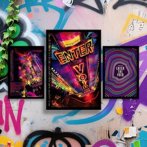 May include: Three framed art prints with the text "ENTER the VOID" in neon colours. The central print features a vibrant, colourful design with a retro aesthetic. The other two prints have similar themes, with one featuring a swirling pattern and the other a neon sign.
