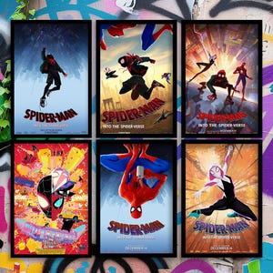 Könnte beinhalten: Sechs gerahmte Poster mit dem Animationsfilm "Spider-Man: Into the Spider-Verse". Jedes Poster zeigt verschiedene Action-Szenen von Spider-Man-Charakteren. Die Poster haben einen schwarzen Rahmen und zeigen den Filmtitel und das Erscheinungsdatum.