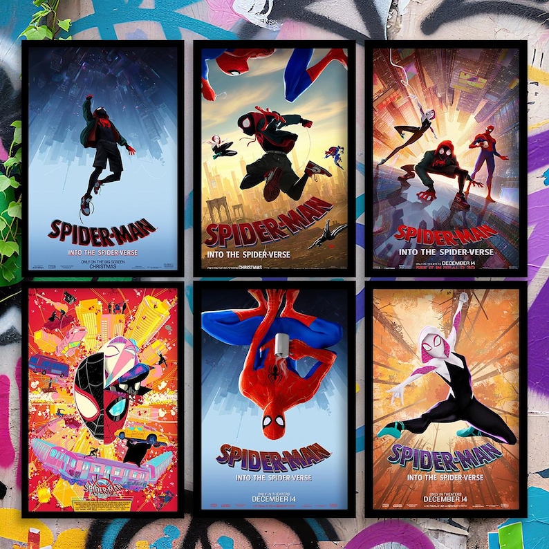May include: Six framed posters featuring the animated film "Spider-Man: Into the Spider-Verse." Each poster showcases different action scenes of Spider-Man characters. The posters have a black border and feature the film's title and release date.