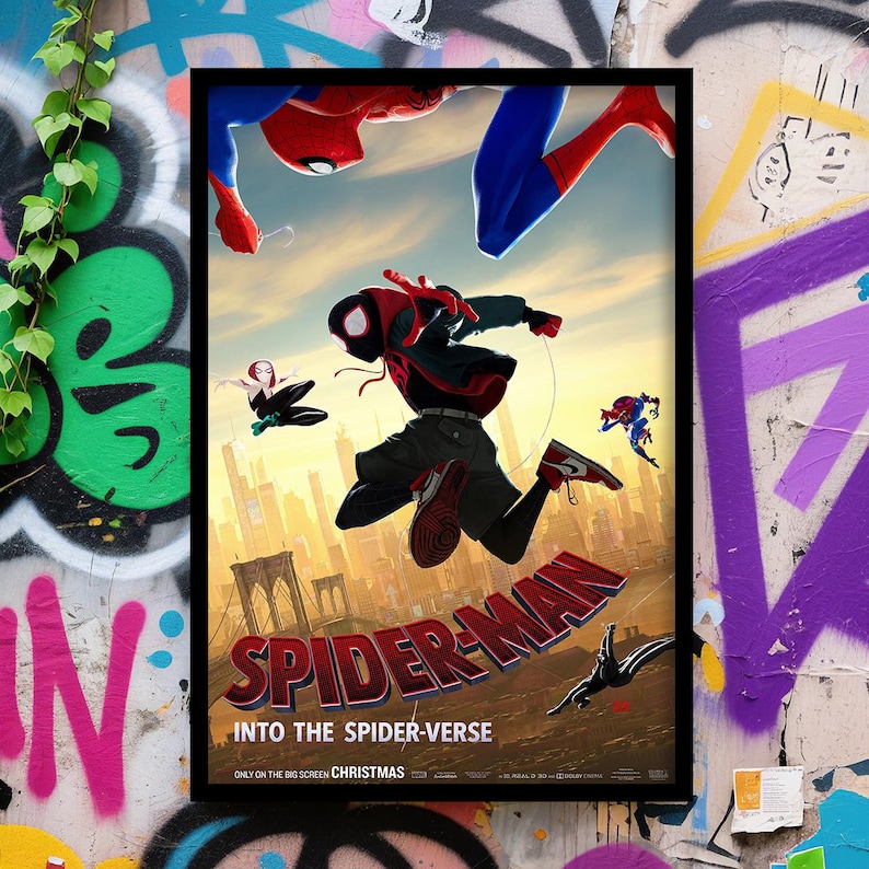 May include: A framed movie poster for "Spider-Man: Into the Spider-Verse" featuring multiple Spider-Man characters in action poses. The poster has a cityscape backdrop and the film's title in large, red letters. The words "Christmas" and "Only on the Big Screen" are also visible.