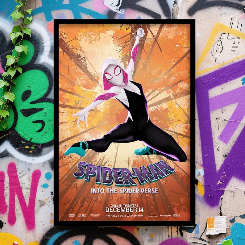 May include: Framed movie poster for "Spider-Man: Into the Spider-Verse." The poster features Spider-Gwen in a dynamic pose against a backdrop of an orange and brown forest. The title and release date are prominently displayed in the lower section.