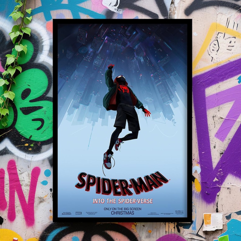 May include: A framed poster for the animated film "Spider-Man: Into the Spider-Verse." The poster features a dynamic image of Spider-Man in mid-air against a backdrop of a cityscape. The title is in red and black, with the film's tagline below.