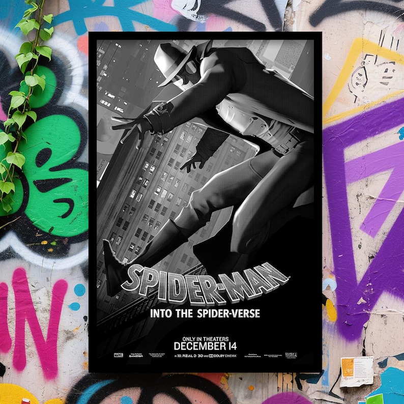 May include: Black and white movie poster for "Spider-Man: Into the Spider-Verse." The poster features a stylized Spider-Man figure in a hat and trench coat, set against a cityscape. Text includes the movie title and release date.